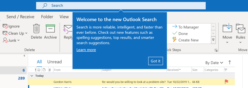 outlook 2019 search issues